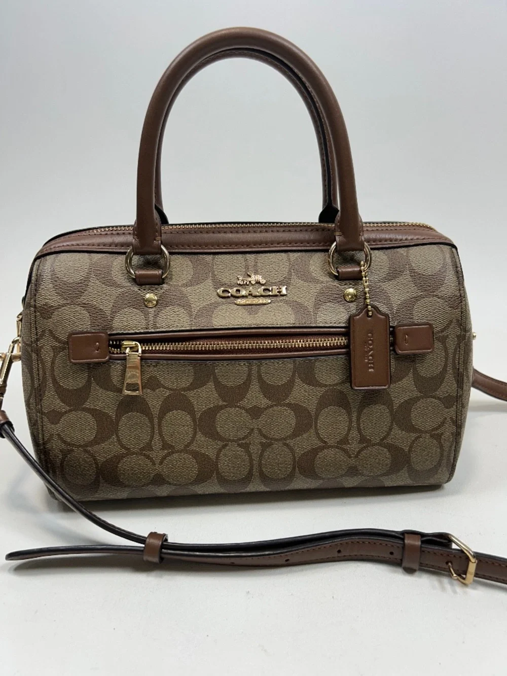 COACH Rowan Satchel in Khaki/Saddle Signature Coated Canvas Crossbody Strap